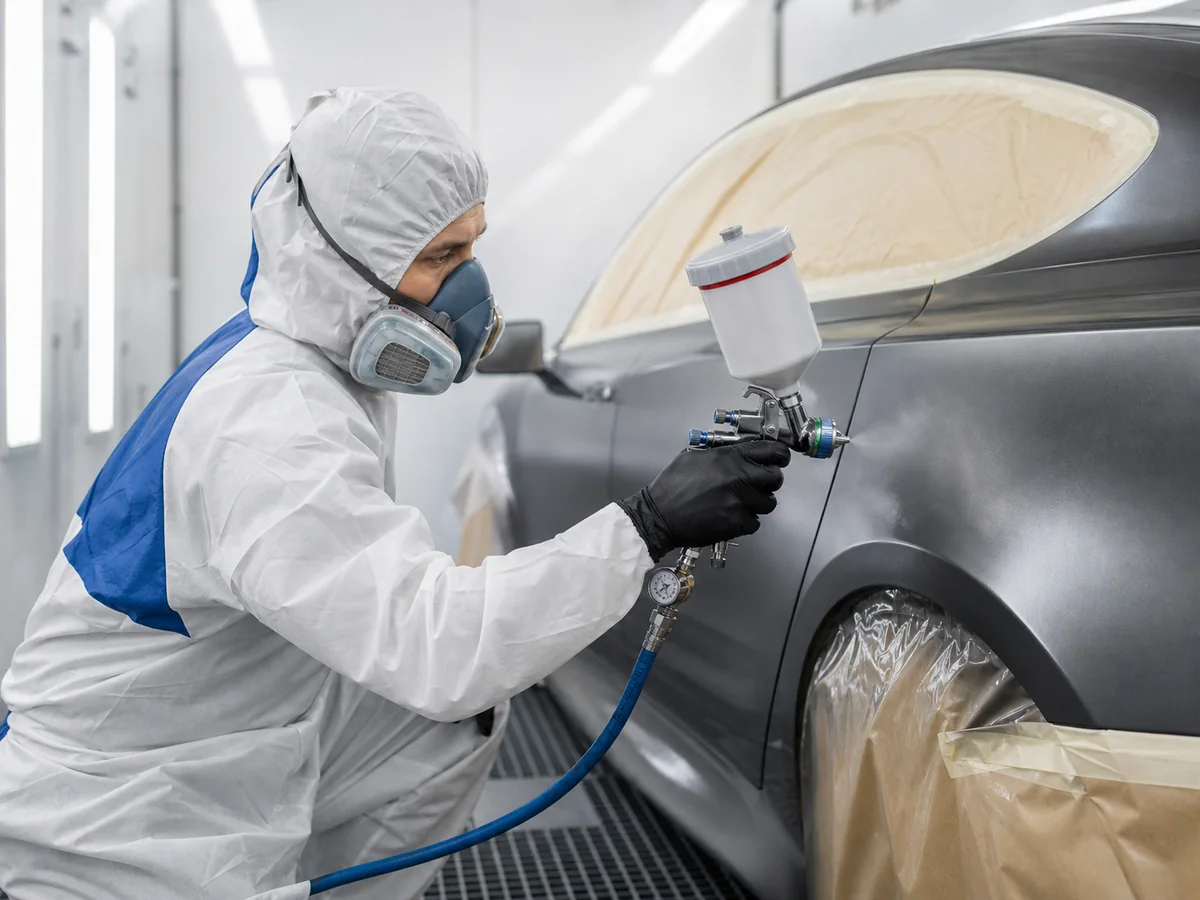 Profissional realizando pintura automotiva em uma cabine